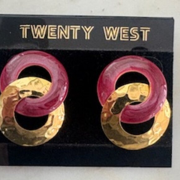 Twenty West Vintage pierced earrings-1980's-Gold tone and Cranberry finish - Picture 1 of 5